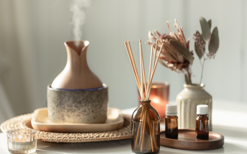 Spa,Composition,With,Incense,Sticks,,Air,Humidifier,And,Aroma,Oils.